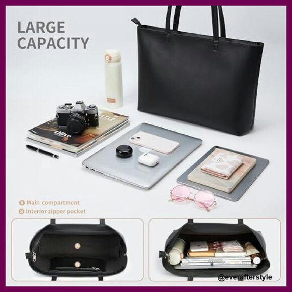 Faux Leather Tote Bag Zipper Shoulder Satchel Minimalist Chic Work Casual - Picture 6 of 7